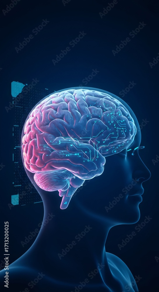 Poster digital human head with illuminated brain and circuit lines. artificial intelligence in healthcare a