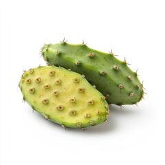 Two vibrant green cactus fruits on a clean white background, showcasing their unique texture and shape.