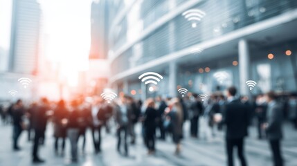 Business networking connection concept and Wi-Fi in city.Technology communication.Background blur building in the capital.