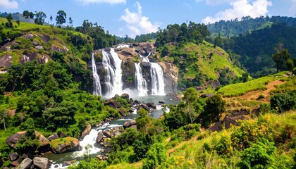 Lush waterfall cascading down rocky hills