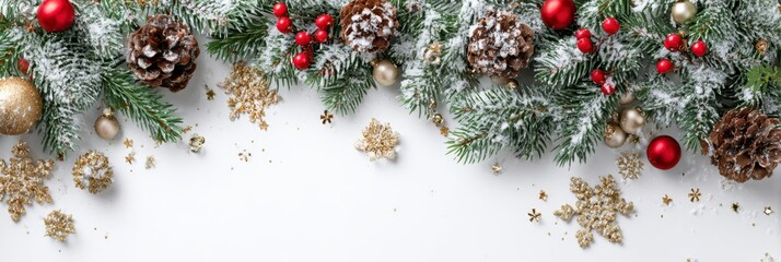 A topdown view features snowy fir garland ornaments pine cones and golden snowflakes on a white surface