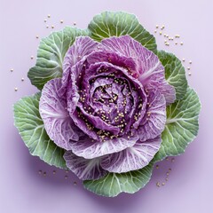 Fototapeta premium A close-up view of a beautifully arranged purple cabbage with intricate leaves and seeds, showcasing vibrant colors.