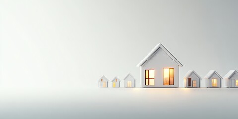 Miniature white houses with glowing lights on a minimalist background, symbolizing cozy home and real estate concepts.