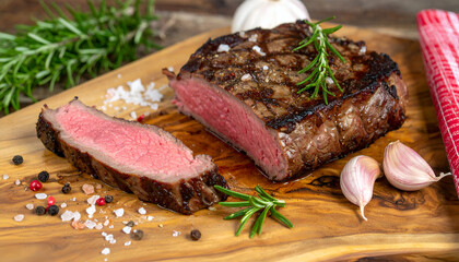 Delicious grilled steak with juicy pink center, seasoned with sea salt, pepper, and fresh herbs.