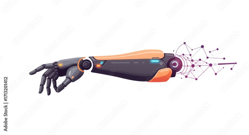 Poster robotic arm with digital network connection. future innovation in bionic prosthesis. medicine techno