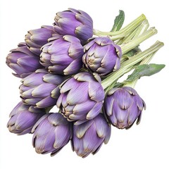 Obraz premium Fresh purple artichokes arranged beautifully, showcasing their vibrant hues and unique texture.