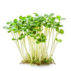 Vibrant green microgreens sprouting upwards, showcasing fresh growth and vitality against a clean white backdrop.