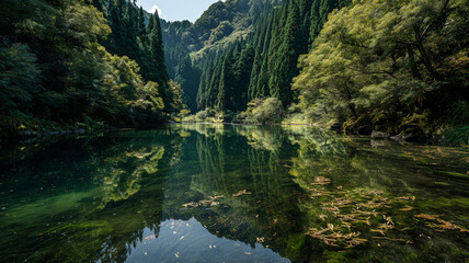 Obraz premium 深い森と木々の緑が川面に映る昼の風景