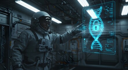 A high-tech astronaut manipulates a holographic lock interface, symbolizing cybersecurity and digital protection in a futuristic space setting, blending exploration with advanced technology.
