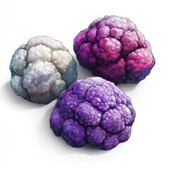 Obraz premium Colorful illustrations of three unique cauliflowers in shades of purple, pink, and white, showcasing organic beauty.