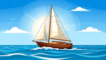 Fototapeta premium A wooden sailing vessel glides across a serene blue ocean under a vibrant sky filled with puffy clouds and a warm sunrise.