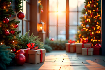 Cozy Christmas Morning: Presents and Decorated Trees by a Bright