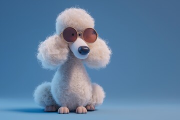 Cute Poodle Cartoon Character: Fluffy White Dog with Stylish Glasses - Perfect for Dog Lovers and Fun Art Enthusiasts, 3D Rendering of Animated Pet in Fashionable Accessories on Colorful Background