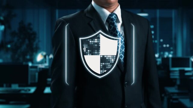 A professional in a suit stands confidently in a modern office, showcasing a digital shield overlay that represents cyber security and data protection themes. Qubit