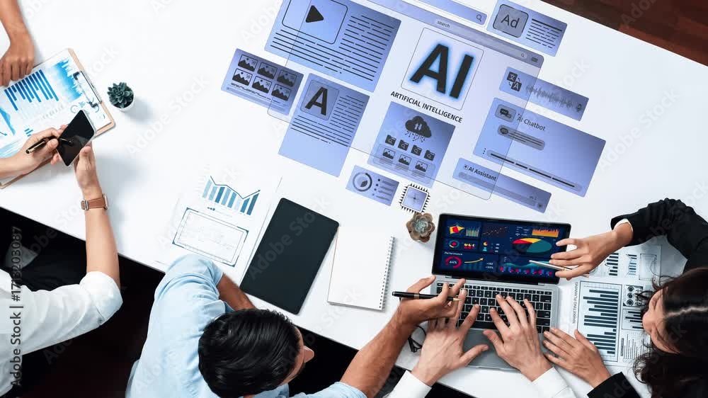 Poster a diverse team collaborates in a modern workspace focused on artificial intelligence. they analyze d