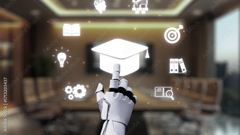 Poster a robotic hand interacts with floating educational icons in a modern office setting, symbolizing the