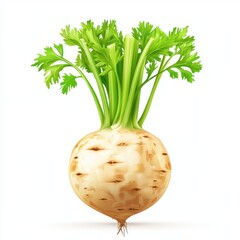 A fresh, organic celery root with vibrant green leaves on top, showcasing its natural texture and earthy colors.