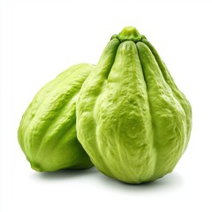 Naklejka premium Two fresh green chayote squashes on a clean white background, showcasing their unique wrinkled texture.