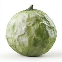 A large, fresh green cabbage on a pristine white background, showcasing its textured surface and vibrant color.