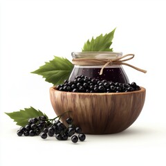 A jar of homemade blackcurrant jam rests beside fresh blackcurrants and green leaves, highlighting its natural appeal.