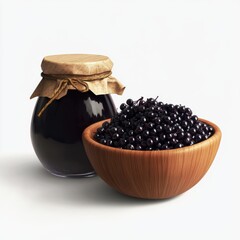 A rustic jar of elderberry jam next to a wooden bowl full of fresh elderberries, showcasing vibrant colors and textures.