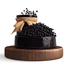 A rustic display featuring a jar of blackcurrant jam and a mound of fresh blackcurrants on a wooden platter.