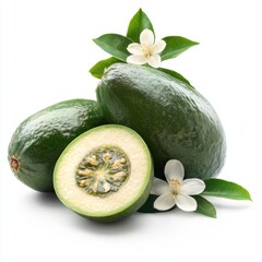 Fresh green avocados with one cut in half, showcasing the inner seed, surrounded by delicate white blossoms and leaves.