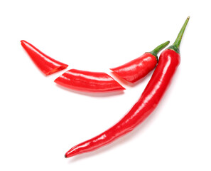 Fresh chili peppers on white background. Top view