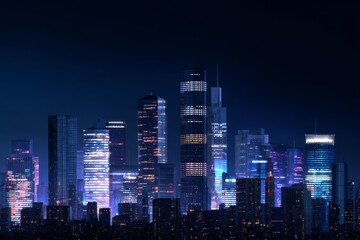 Obraz premium Nighttime city skyline with illuminated buildings and bright lights near water
