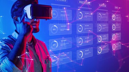 A man engages with virtual reality technology, exploring data and analytics through a vibrant, neon interface, representing a blend of innovation and productivity in a modern workspace. Raster - Powered by Adobe