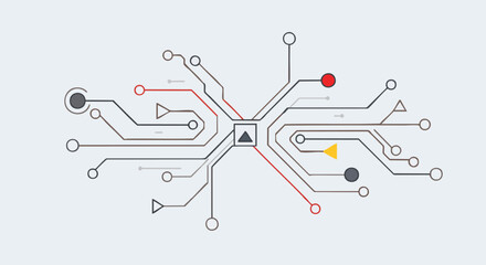 Abstract flat design illustration depicting a digital network with interconnected nodes. This graphic visualizes data flow and complex technology