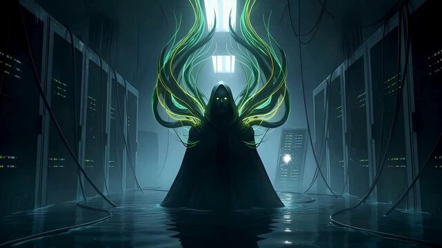 Sinister hooded figure emerges from flooded server room with glowing energy tendrils, hinting at digital takeover and cyber threat