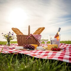 Charming outdoor picnic setup with gourmet cheese, wine, and baguettes on a sunny day