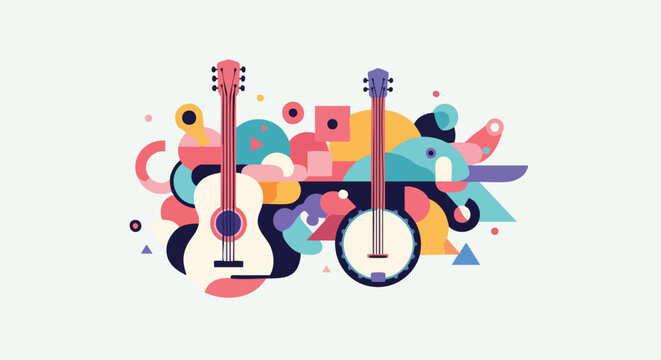 Abstract musical composition featuring a guitar and banjo against a vibrant background of geometric shapes