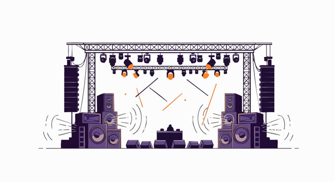 An empty concert stage setup featuring powerful sound systems, dynamic spotlights, and a DJ booth