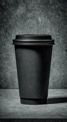 A black coffee cup with a lid sits on a textured concrete surface against a gray stone wall.