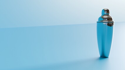 Shiny stainless steel cocktail shaker on blue background with copy space