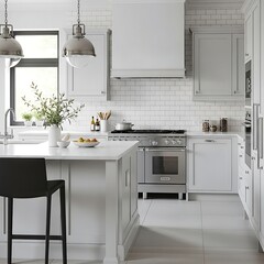 Elegant contemporary kitchen interior with light gray shaker cabinets and a center island