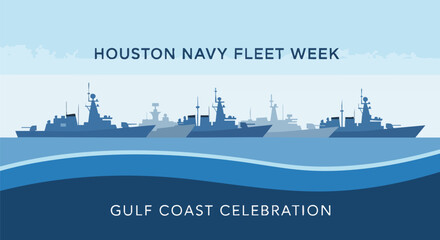 Obraz premium Celebrating Houston Navy Fleet Week on the Gulf Coast with a vector illustration of naval ships sailing on the ocean in shades of blue
