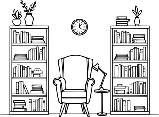 Reading nook with armchair, bookshelves and lamp outline illustration