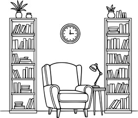 Reading nook outline illustration with chair, lamp, bookshelves and books