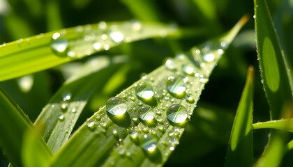 Fresh morning dew drops cling to vibrant green grass and leaves