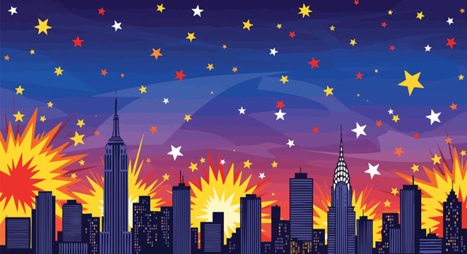 Celebrate New Year's Eve in NYC! This vibrant illustration features a stylized cityscape with fireworks and stars, perfect for celebratory designs