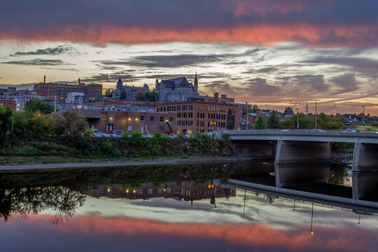 Sherbrooke Downtown Sunset Reflection on Saint-Fran&ccedil;ois River with Colorful Sky