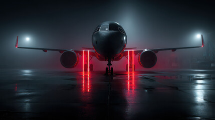 Fototapeta premium Aviation Night Sentinel: An airliner stands ready, illuminated by crimson beacons and twin headlights, poised for flight against a backdrop of a twilight scene.