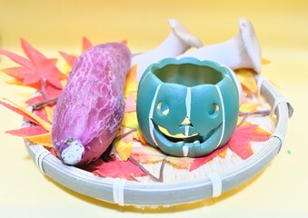 Halloween, autumn, fall, harvest, jack-o'-lantern, sweet potato, mushroom, autumn leaves, harvest festival, taste of autumn, food, vegetables, decoration, festival, holiday, event, seasonal, Japan, ba