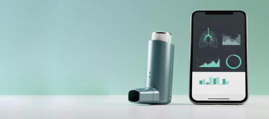 Smart asthma inhaler connected to mobile phone app with lung data graphics. Digital health monitoring and respiratory management concept.