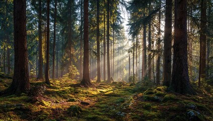 Fototapeta premium Silent Forest in spring with beautiful bright sun rays. High quality
