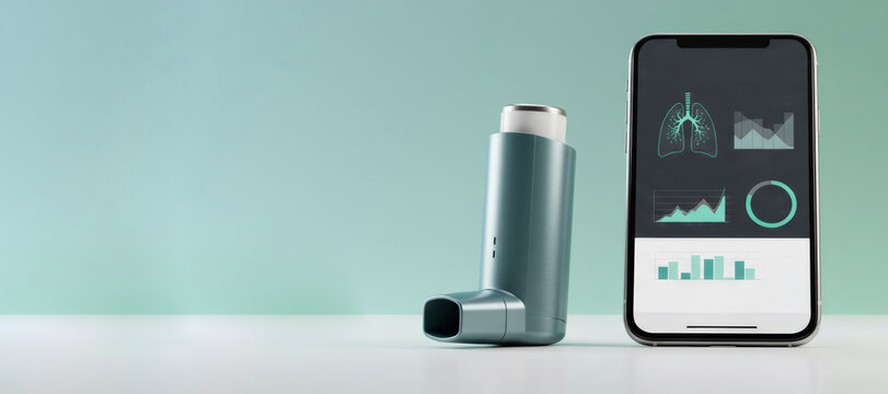 Smart asthma inhaler connected to mobile phone app with lung data graphics. Digital health monitoring and respiratory management concept.