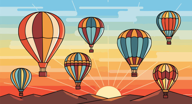 Colorful hot air balloons gracefully ascend over distant mountains against a vibrant sunrise or sunset